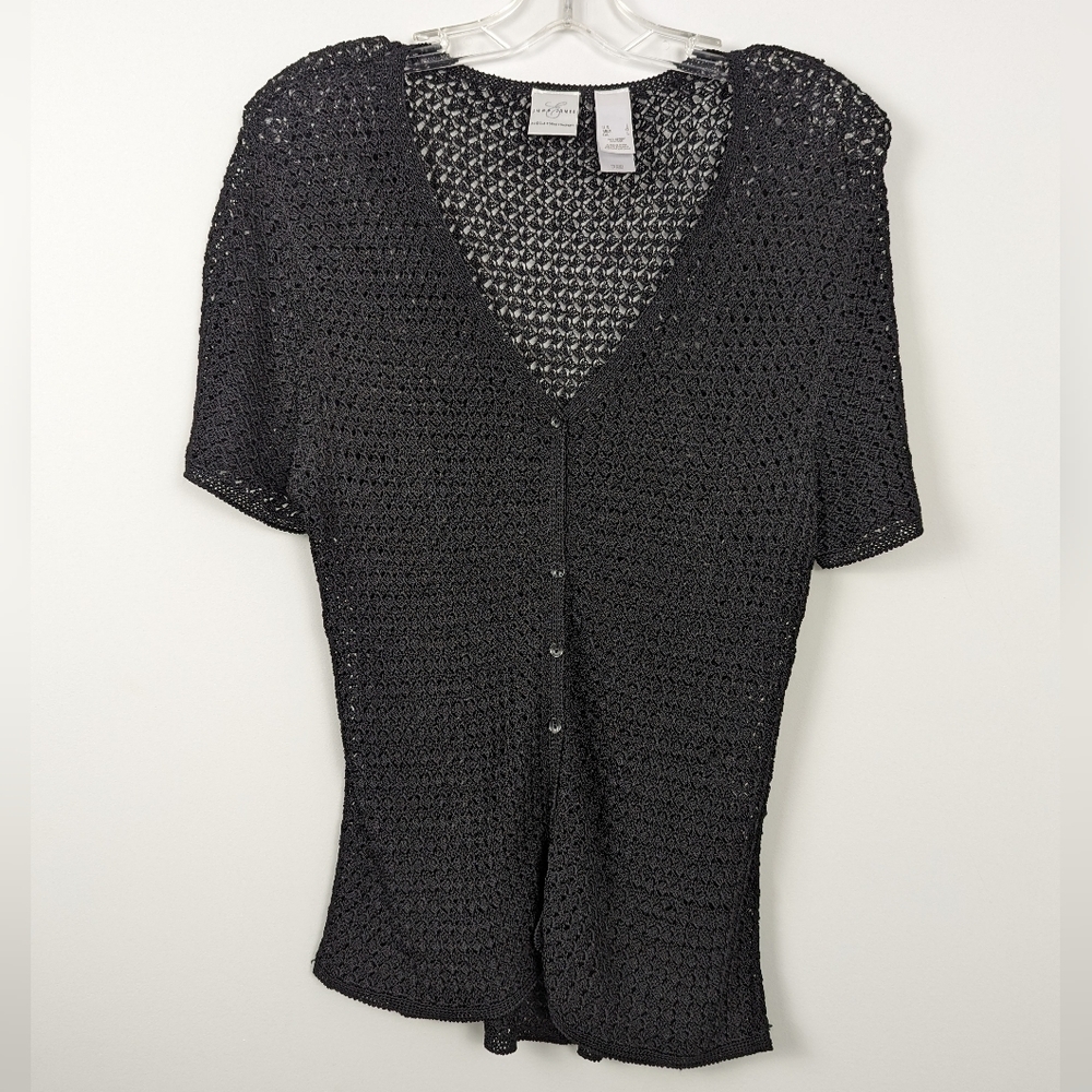 Emma James by Liz Claiborne Cozy Black Crochet Knit Cardigan, Size L